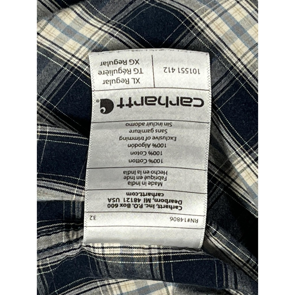 Carhartt Navy Blue White Men's Plaid Button Down Short Sleeve Cotton Shirt XL - Picture 9 of 10